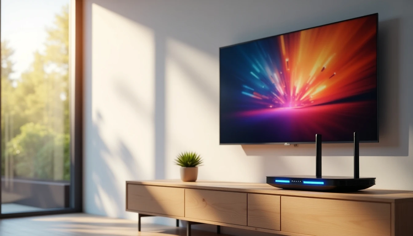 Sala moderna con televisor y router WiFi WOM, representando el servicio de internet y TV hogar.