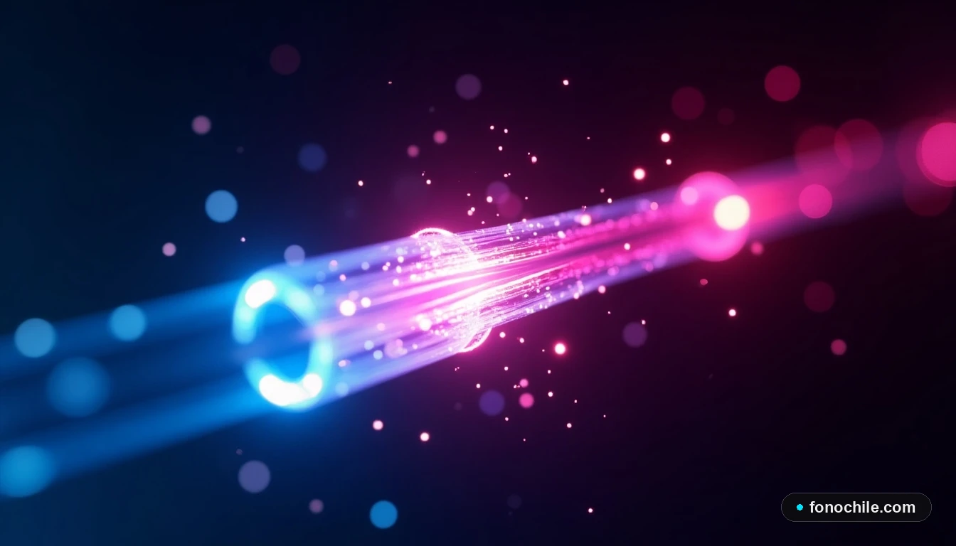 Primer plano del núcleo luminoso de un cable de fibra óptica WOM, representando máxima velocidad para Internet Hogar.