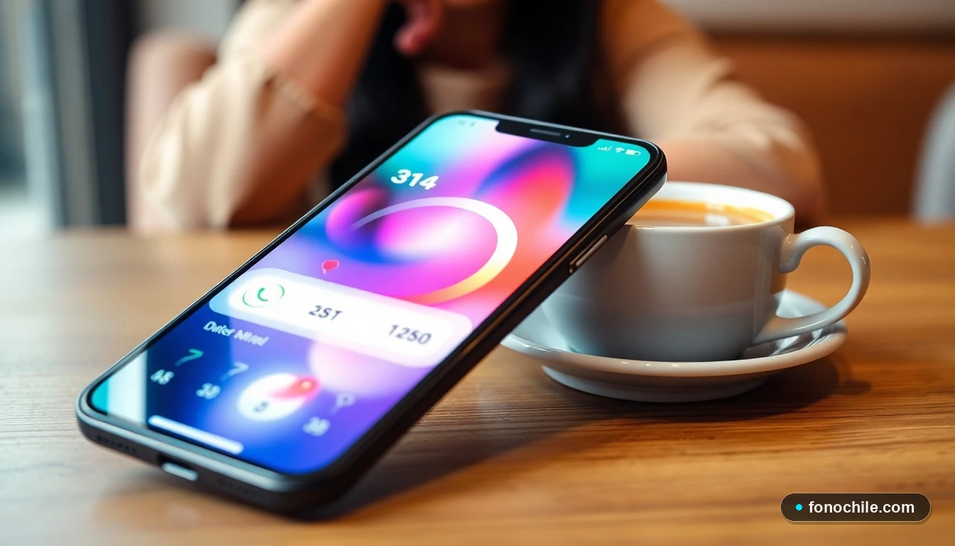 Smartphone mostrando gráficos de consumo de datos móviles en un plan WOM 2026, sobre una mesa.