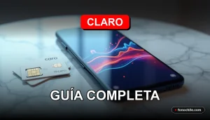 Un moderno smartphone Claro mostrando gráficos abstractos de datos, reposando sobre una mesa de diseño minimalista junto a una tarjeta SIM.