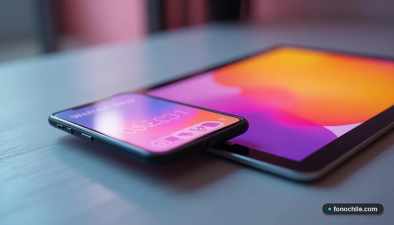 Dispositivos tecnológicos en un escritorio moderno mostrando interfaces de usuario genéricas y coloridas.