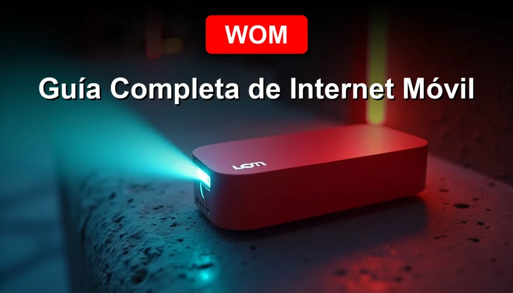 Un módem WiFi WOM de color rojo brillante sobre una superficie de concreto industrial, con un haz de luz dinámico que simboliza la conexión prepago de alta velocidad.