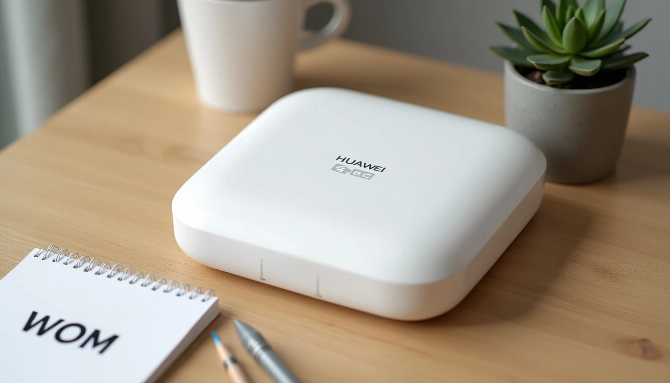 Router Huawei para internet móvil WOM sobre escritorio de madera