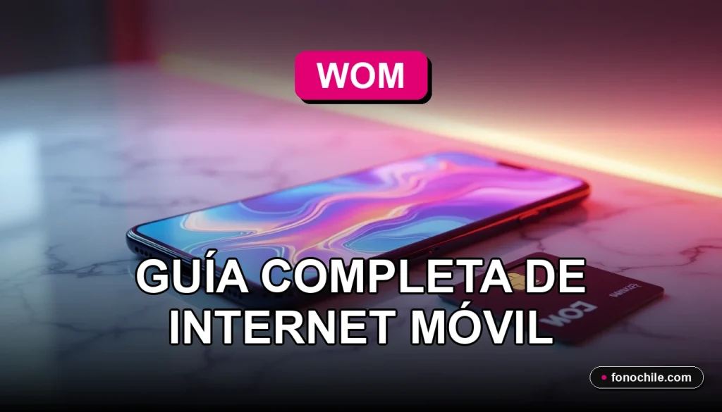 Plan de internet móvil WOM 2026 con tarjeta SIM y smartphone mostrando gráficos abstractos.