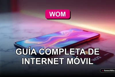 Plan de internet móvil WOM 2026 con tarjeta SIM y smartphone mostrando gráficos abstractos.