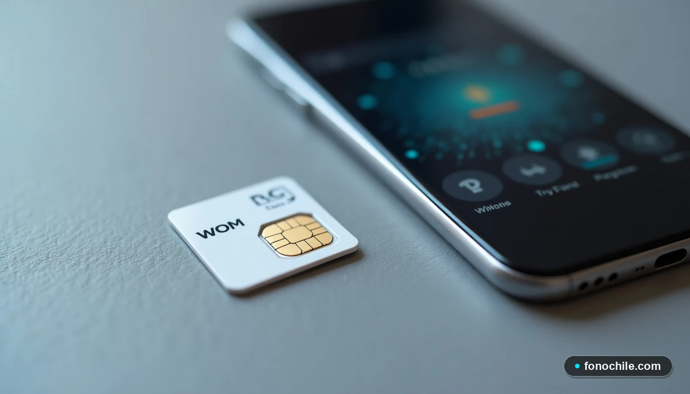 Tarjeta SIM de WOM en primer plano con un teléfono inteligente desenfocado al fondo, concepto de conexión de red.