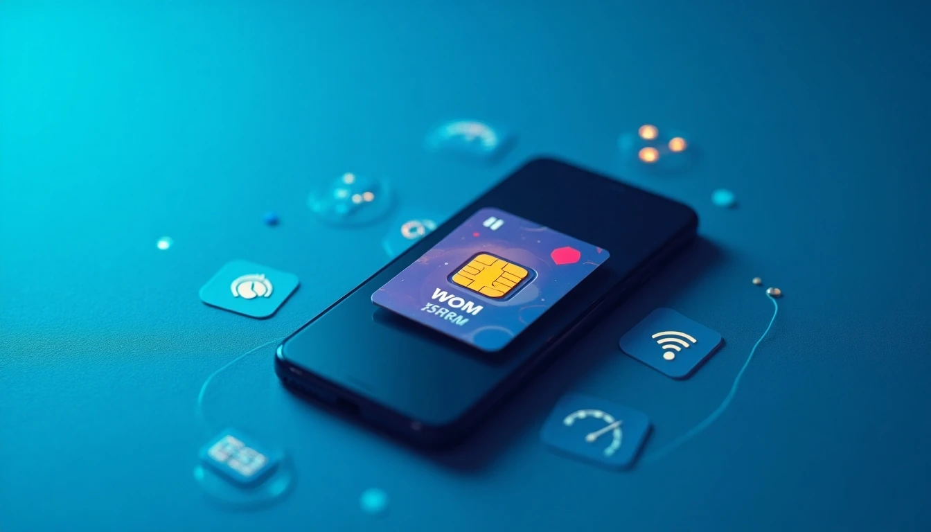 Smartphone con SIM card WOM y símbolos de conexión de datos para planes prepago.