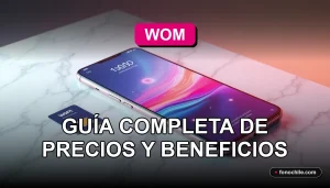 Un teléfono inteligente moderno con una tarjeta SIM WOM prepago, mostrando gráficos abstractos de colores en su pantalla, sobre una mesa de diseño minimalista.
