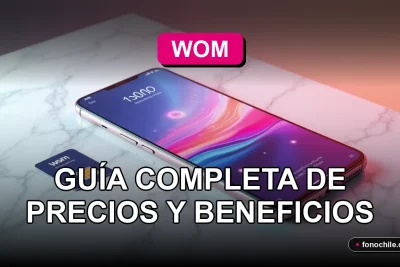 Un teléfono inteligente moderno con una tarjeta SIM WOM prepago, mostrando gráficos abstractos de colores en su pantalla, sobre una mesa de diseño minimalista.