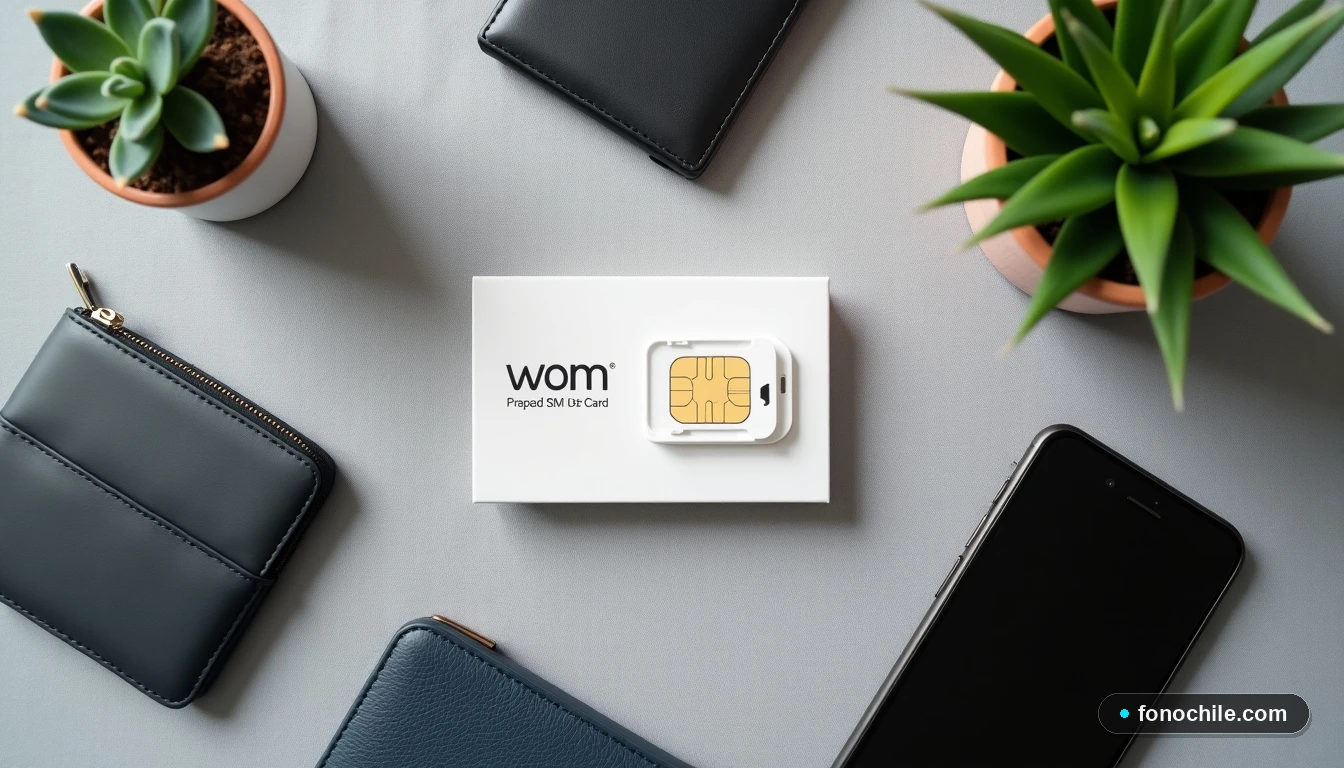 Composición flat lay de un paquete de tarjeta SIM prepago WOM, un teléfono inteligente y accesorios de vida diaria, sobre una superficie textil gris.