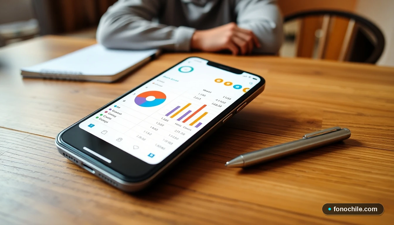 Smartphone mostrando gráficos de presupuesto de gastos de telefonía móvil en una mesa de madera.