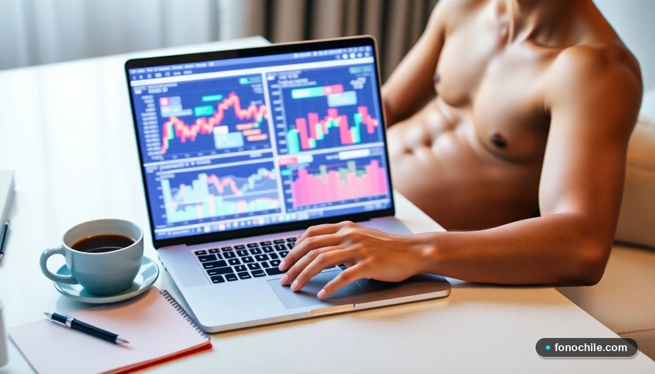 Laptop mostrando gráficos financieros abstractos y coloridos en un escritorio ordenado, concepto de planificación.