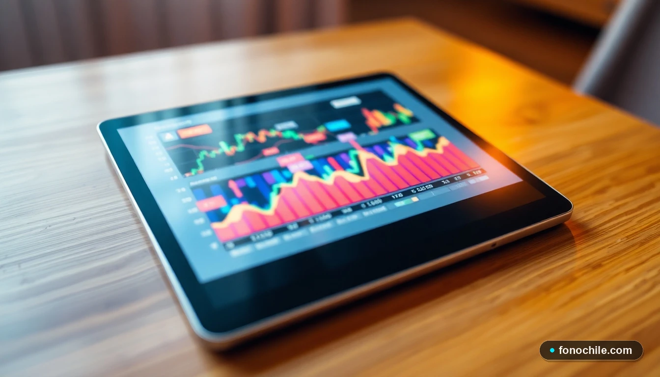 Visualización abstracta de datos de pagos en una plataforma digital sobre una mesa de madera.