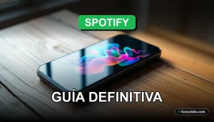 Una pantalla de smartphone con gráficos de colores abstractos sobre un escritorio de madera, representando listas de reproducción personalizadas de Spotify Premium.