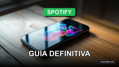 Una pantalla de smartphone con gráficos de colores abstractos sobre un escritorio de madera, representando listas de reproducción personalizadas de Spotify Premium.