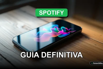Una pantalla de smartphone con gráficos de colores abstractos sobre un escritorio de madera, representando listas de reproducción personalizadas de Spotify Premium.