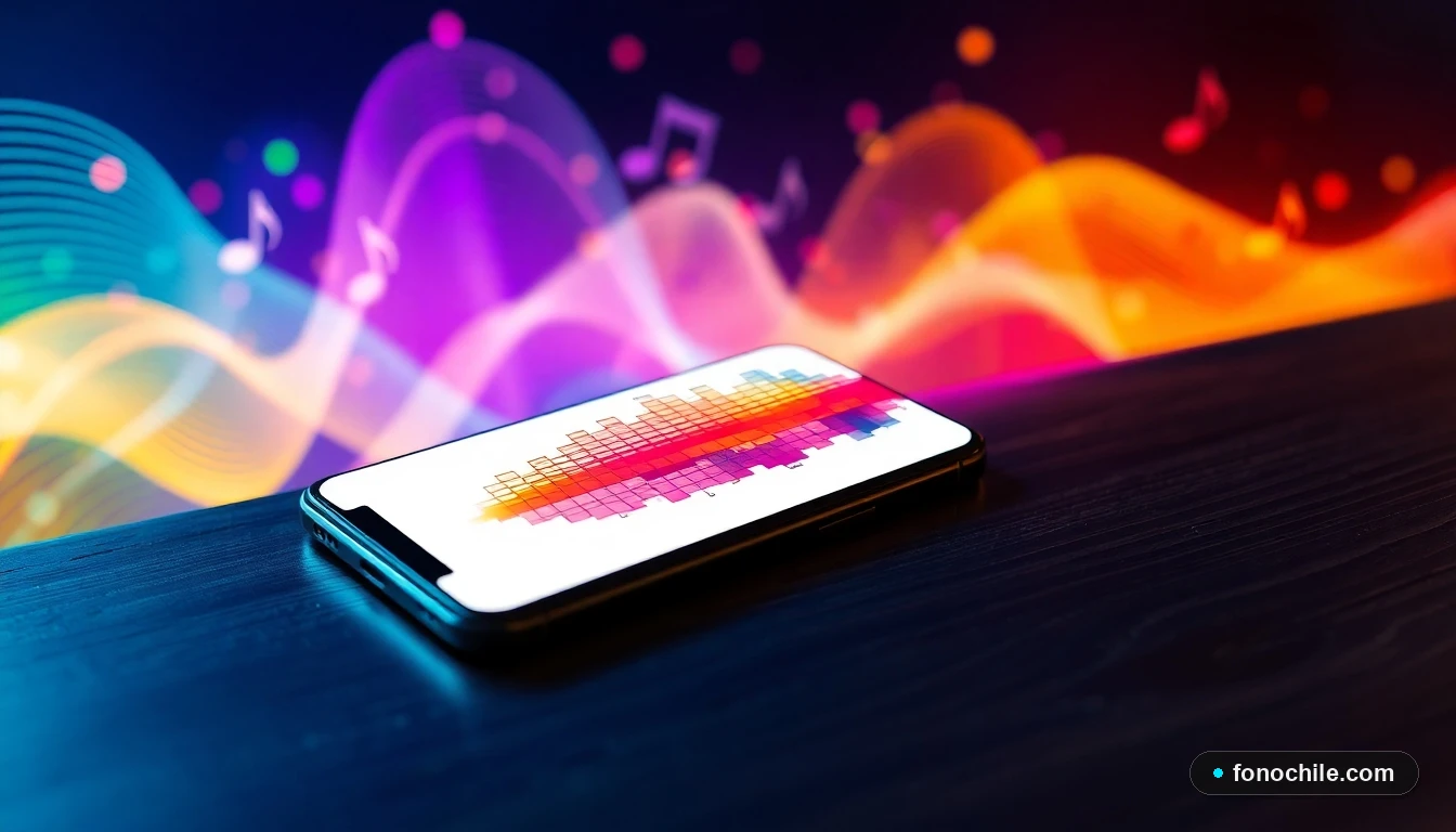 Visualización abstracta de ondas sonoras y gráficos de ecualizador en un teléfono, representando la personalización de música en streaming.