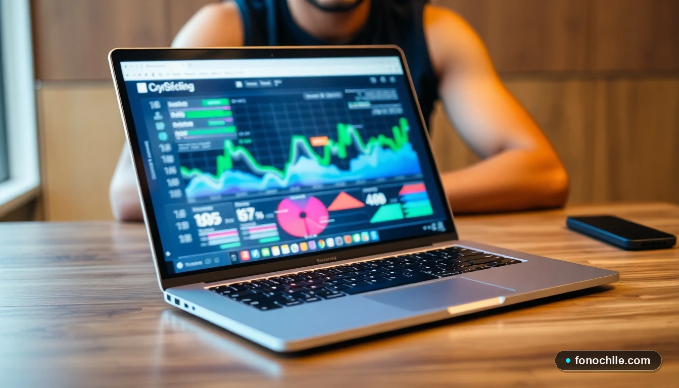 Pantalla de laptop mostrando gráficos abstractos de colores, representando el proceso de devolución online en Chile.