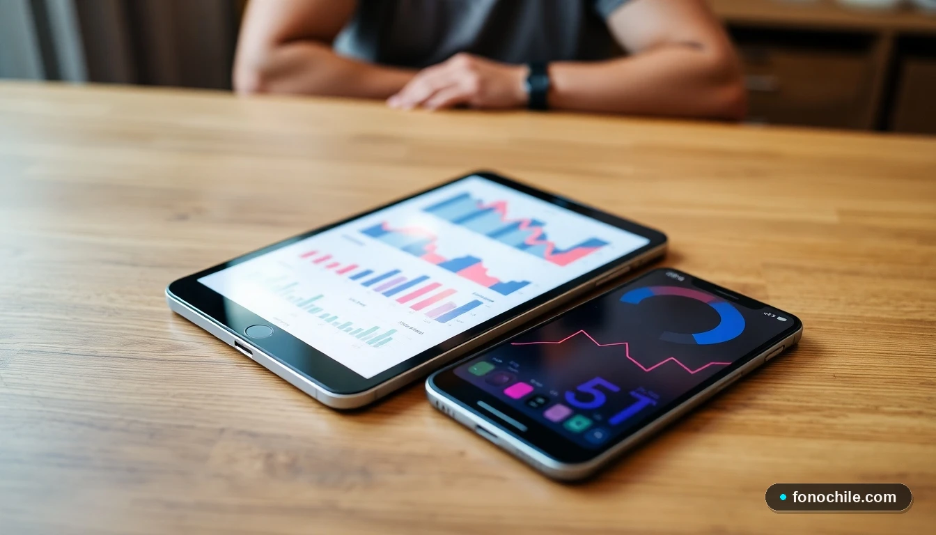 Dispositivos tecnológicos mostrando gráficos abstractos de procesos de gestión y devolución.