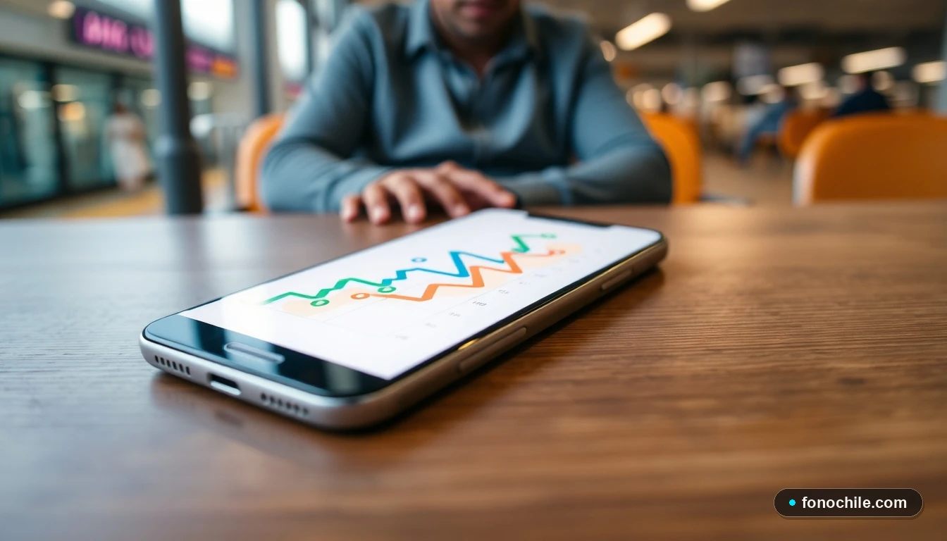 Smartphone mostrando gráfico de datos sobre cambios de pasaje en una terminal de buses.