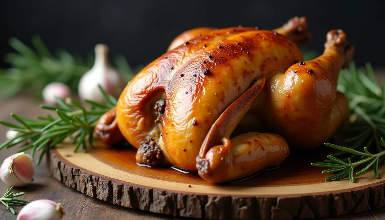 Pollo Ariztía entero asado, jugoso y dorado, listo para servir con hierbas aromáticas.