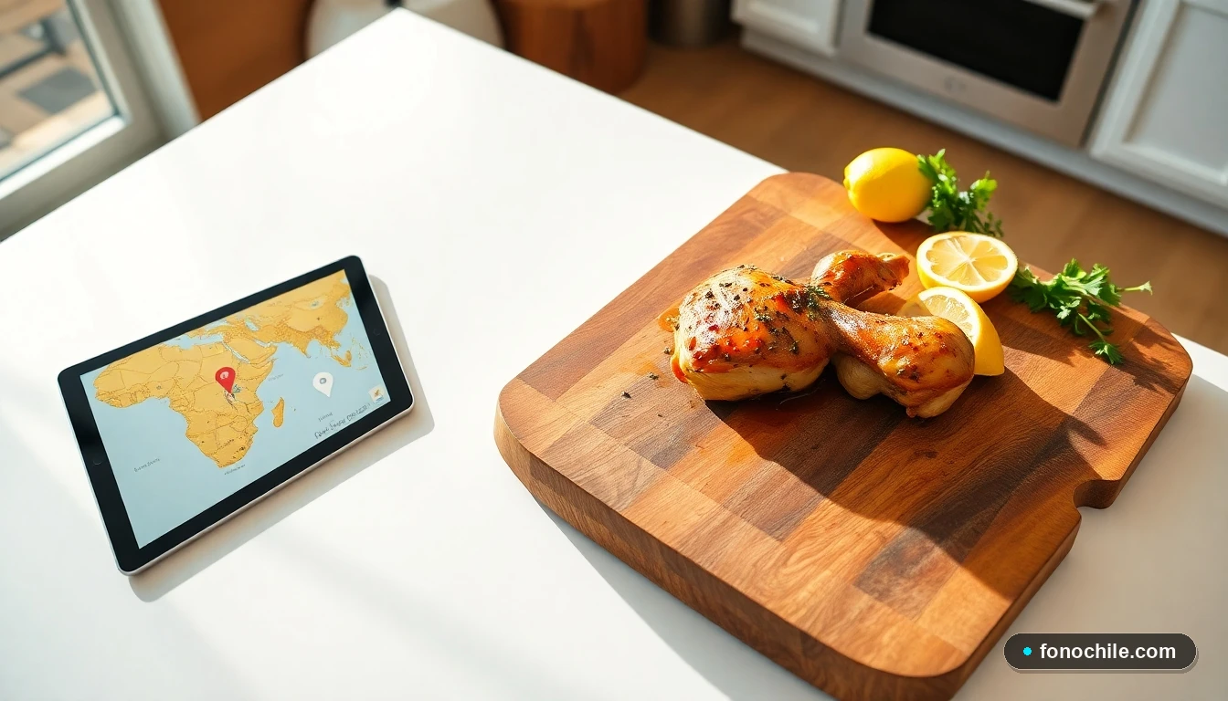 Overhead view of a gourmet chicken meal prepared with Pollos Ariztía products next to a tablet displaying a blurred traceability map interface.