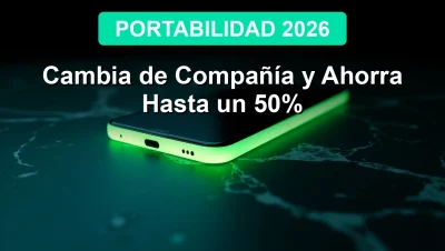 Un teléfono inteligente moderno flotando sobre un fondo oscuro con un brillo verde neón, simbolizando el ahorro y la libertad de cambiar de compañía móvil.