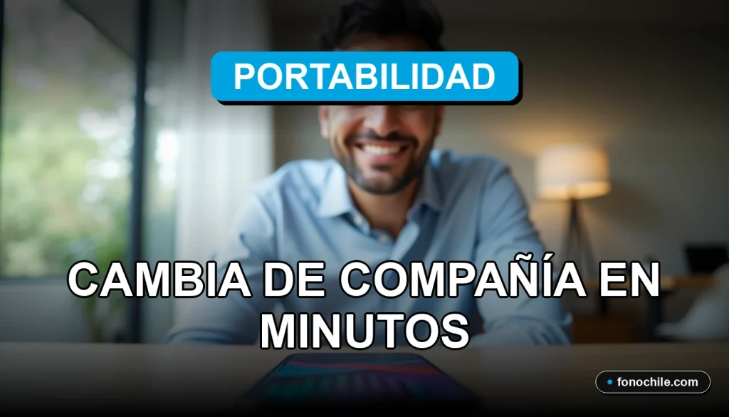 Un hombre hispano sonríe con confianza mientras un teléfono inteligente moderno yace plano sobre un escritorio de madera clara, mostrando gráficos abstractos de colores en su pantalla, representando el proceso de portabilidad biométrica rápida y segura.