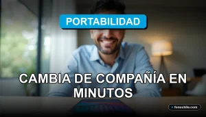 Un hombre hispano sonríe con confianza mientras un teléfono inteligente moderno yace plano sobre un escritorio de madera clara, mostrando gráficos abstractos de colores en su pantalla, representando el proceso de portabilidad biométrica rápida y segura.