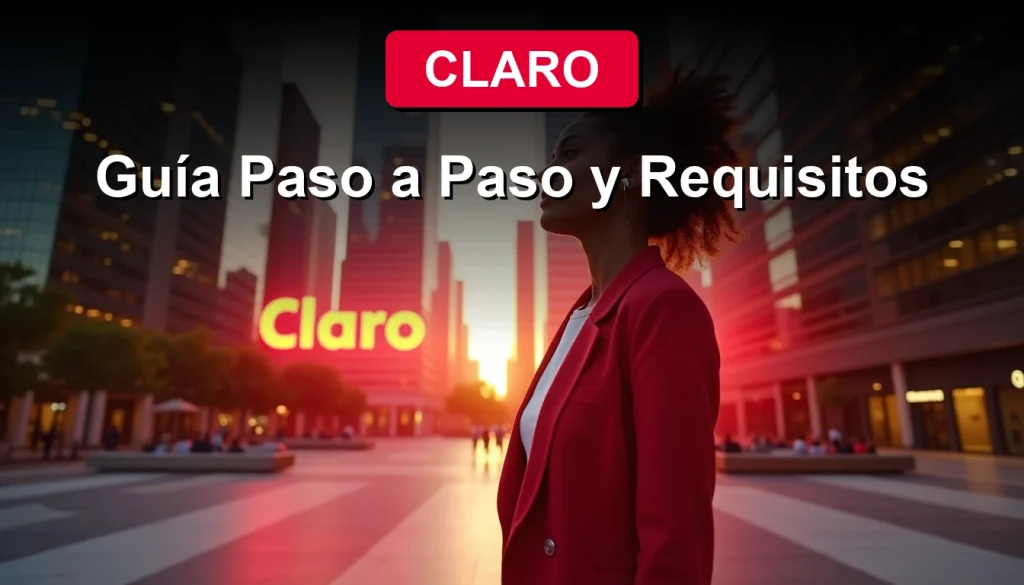 Hombre sonriente revisando su nuevo smartphone Claro en una moderna ciudad latinoamericana, símbolo de portabilidad exitosa.