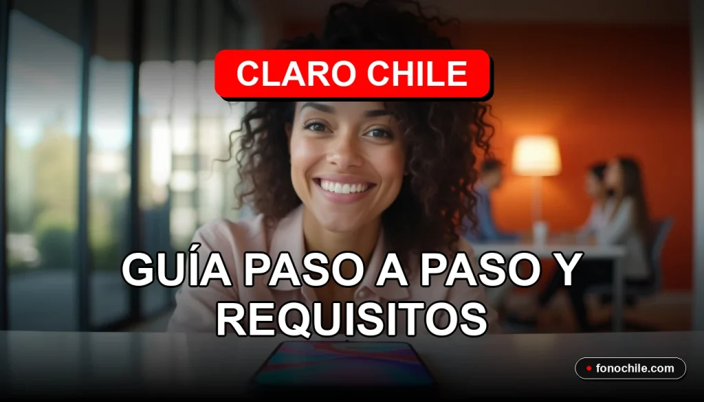 Una mujer latina sonriendo, representando el servicio de portabilidad de Claro Chile, con un teléfono inteligente mostrando gráficos abstractos de colores.
