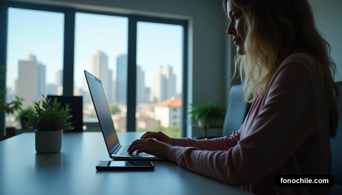 Persona trabajando desde casa con laptop y smartphone en un escritorio moderno con vista a la ciudad, representando la portabilidad y conectividad.