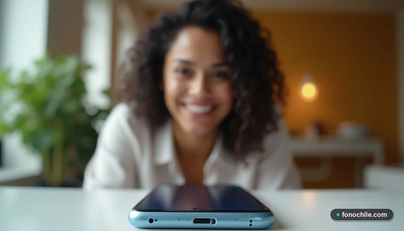 Primer plano de un smartphone moderno en proceso de portabilidad a Entel, con una asesora en el fondo.