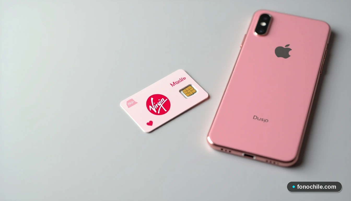 Primer plano de una tarjeta SIM Virgin Mobile nueva junto a un teléfono inteligente, sobre una mesa limpia.