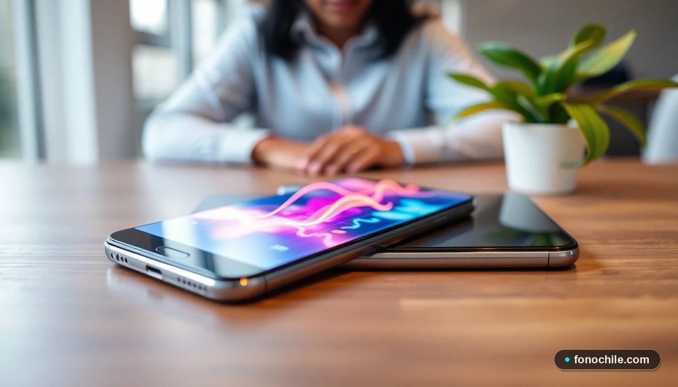 Smartphone mostrando gráficos abstractos de datos de conectividad en colores vibrantes sobre una mesa de madera.