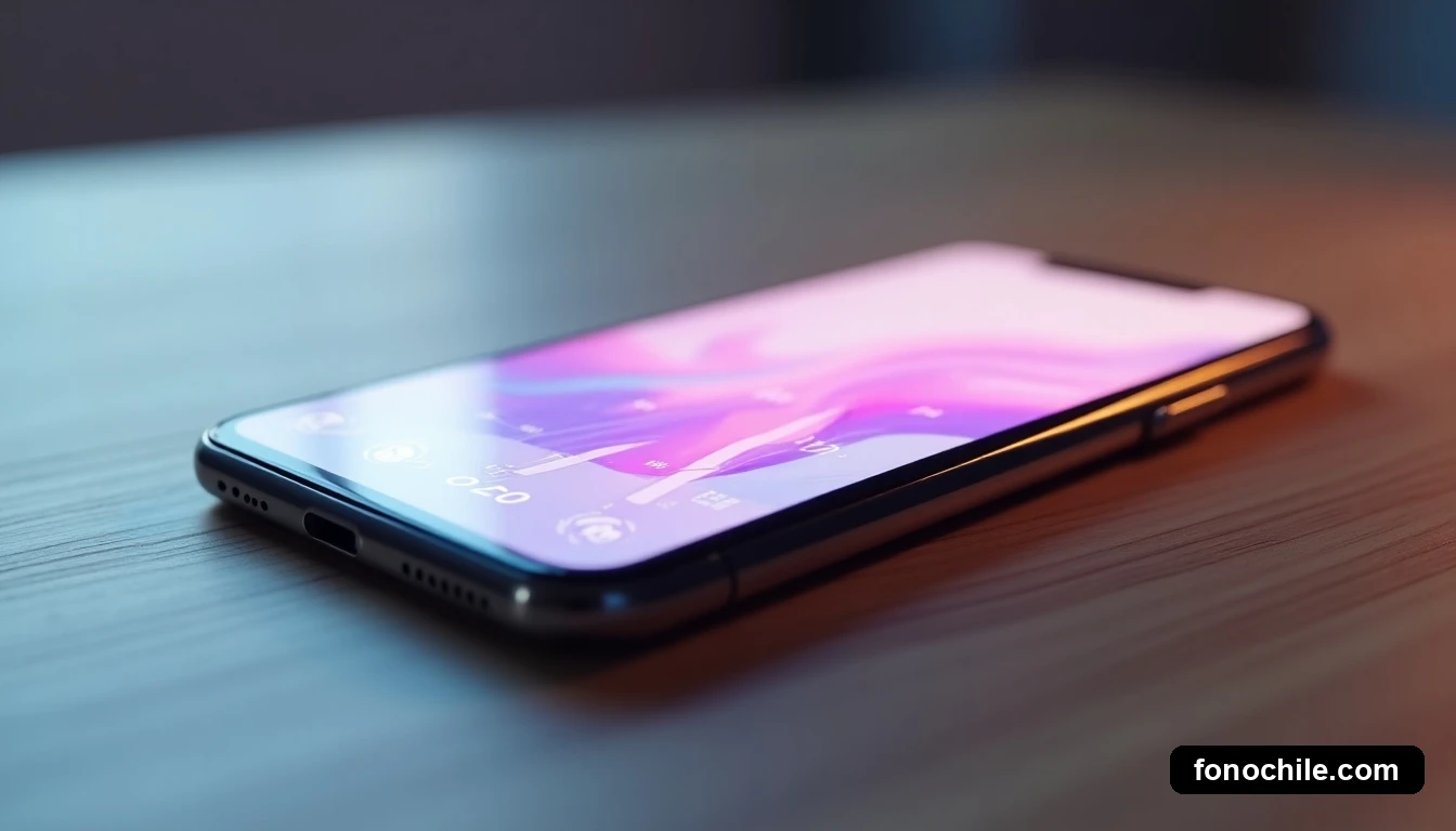 Un teléfono inteligente moderno sobre una mesa de madera, mostrando gráficos abstractos de colores en su pantalla, simbolizando el ahorro y la facilidad del proceso digital.