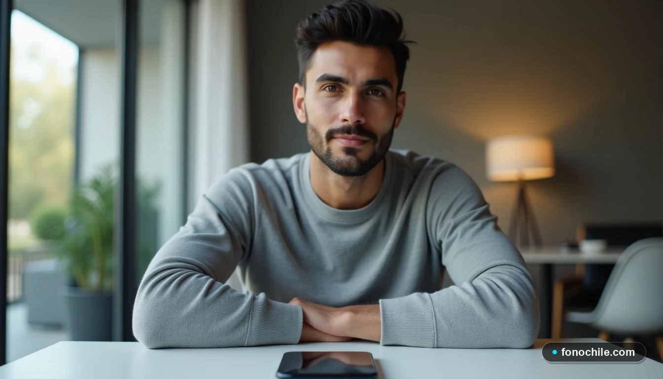 Un hombre hispano confiado en un entorno de oficina minimalista, con un teléfono inteligente moderno sobre la mesa.