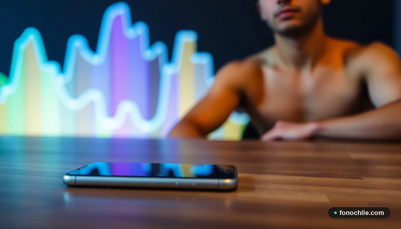 Gráfico abstracto de crecimiento sobre proceso de portabilidad numérica con teléfono inteligente sobre mesa de madera.