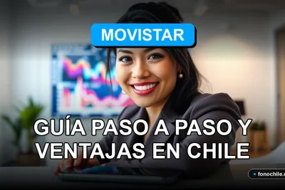 Una mujer latina sonriente y profesional en una oficina moderna, representando el servicio de portabilidad de Movistar Chile.