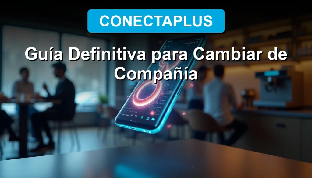 Hombre sonriente mirando su teléfono inteligente en una cafetería moderna, símbolo de portabilidad numérica y libertad tecnológica.