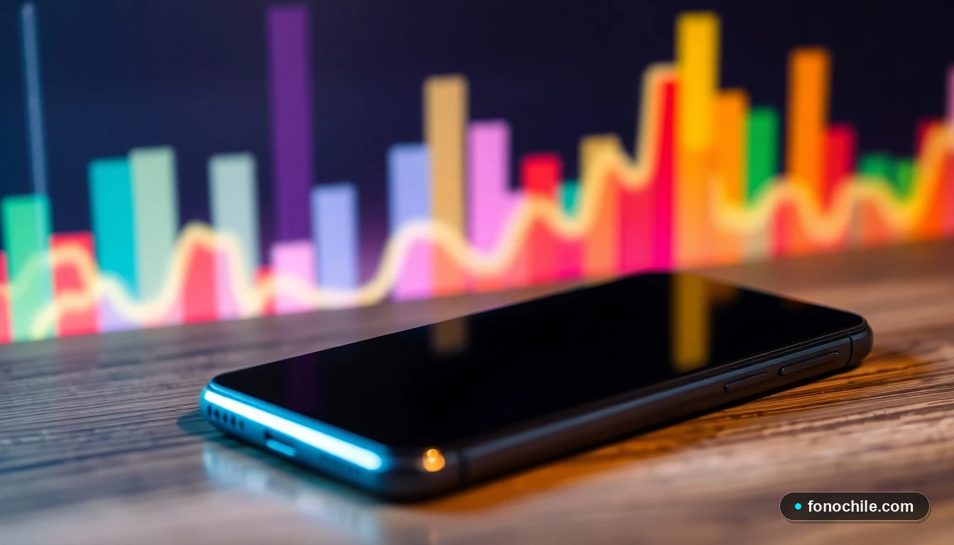 Gráfico abstracto de crecimiento de la portabilidad numérica junto a un smartphone moderno sobre una mesa de madera.