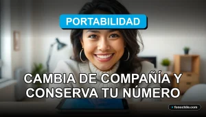 Mujer latina sonriente hablando por teléfono móvil en un entorno moderno, representando la facilidad de la portabilidad numérica en Chile.