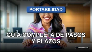 Una mujer sonriente explica el proceso de portabilidad numérica en Chile usando una tablet con gráficos abstractos.