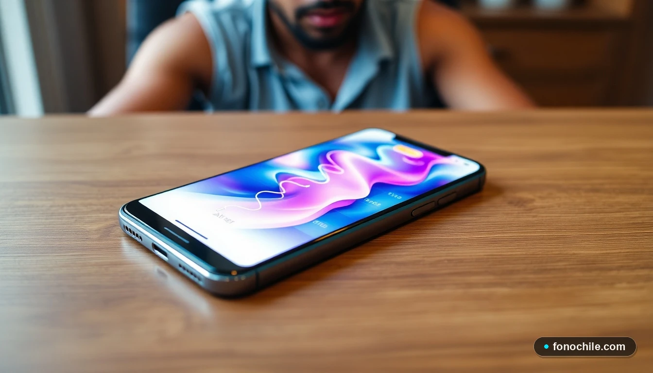 Smartphone mostrando gráficos abstractos de datos sobre portabilidad numérica en Chile, sobre una mesa de madera.