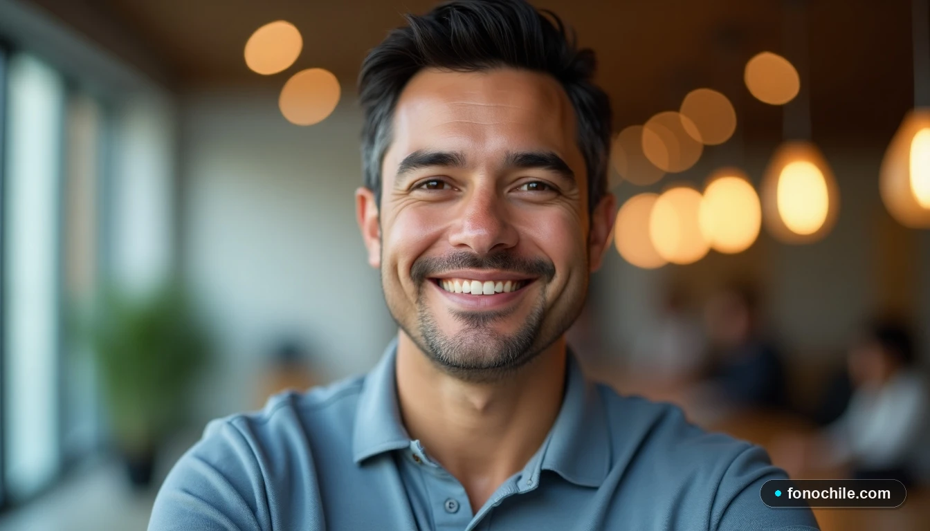 Primer plano de un asesor de servicio al cliente de VTR, un hombre latino, sonriendo de manera amable y profesional.