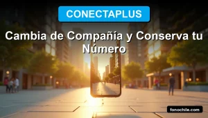 Hombre sonriente usando smartphone con portabilidad numérica en 2026, fondo de ciudad futurista.