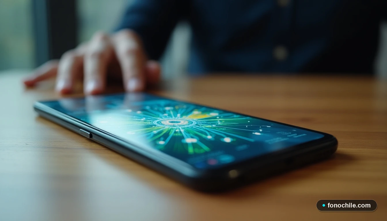 Smartphone mostrando un proceso de portabilidad numérica con gráficos abstractos de conexión de datos.