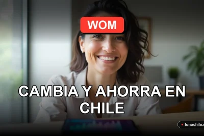 Una mujer sonriente mira a la cámara con un teléfono inteligente mostrando gráficos abstractos de colores, concepto de portabilidad y ahorro en telecomunicaciones.