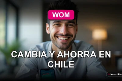 Portabilidad de número a la red WOM en Chile con gráficos abstractos de colores en pantalla.