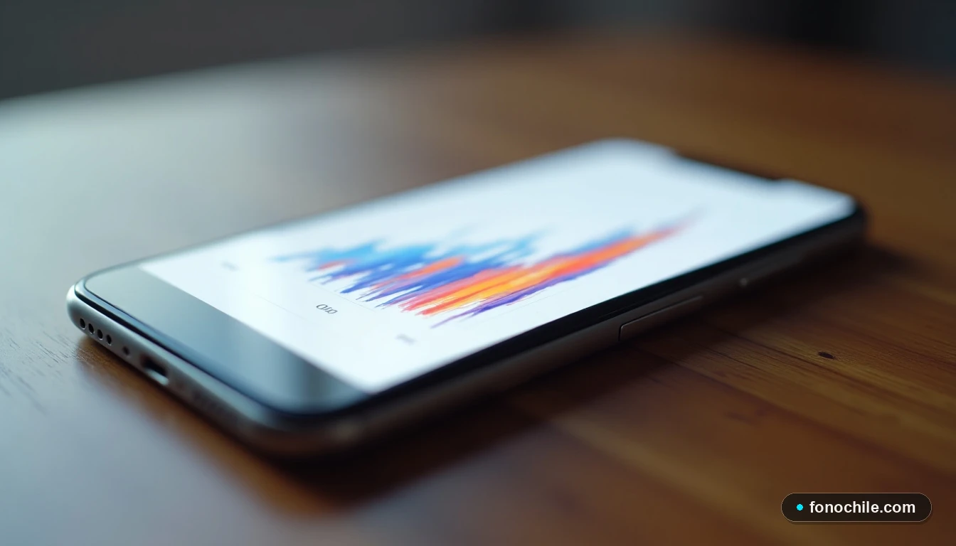 Smartphone mostrando gráfico abstracto de datos sobre crecimiento y portabilidad de red en Chile.